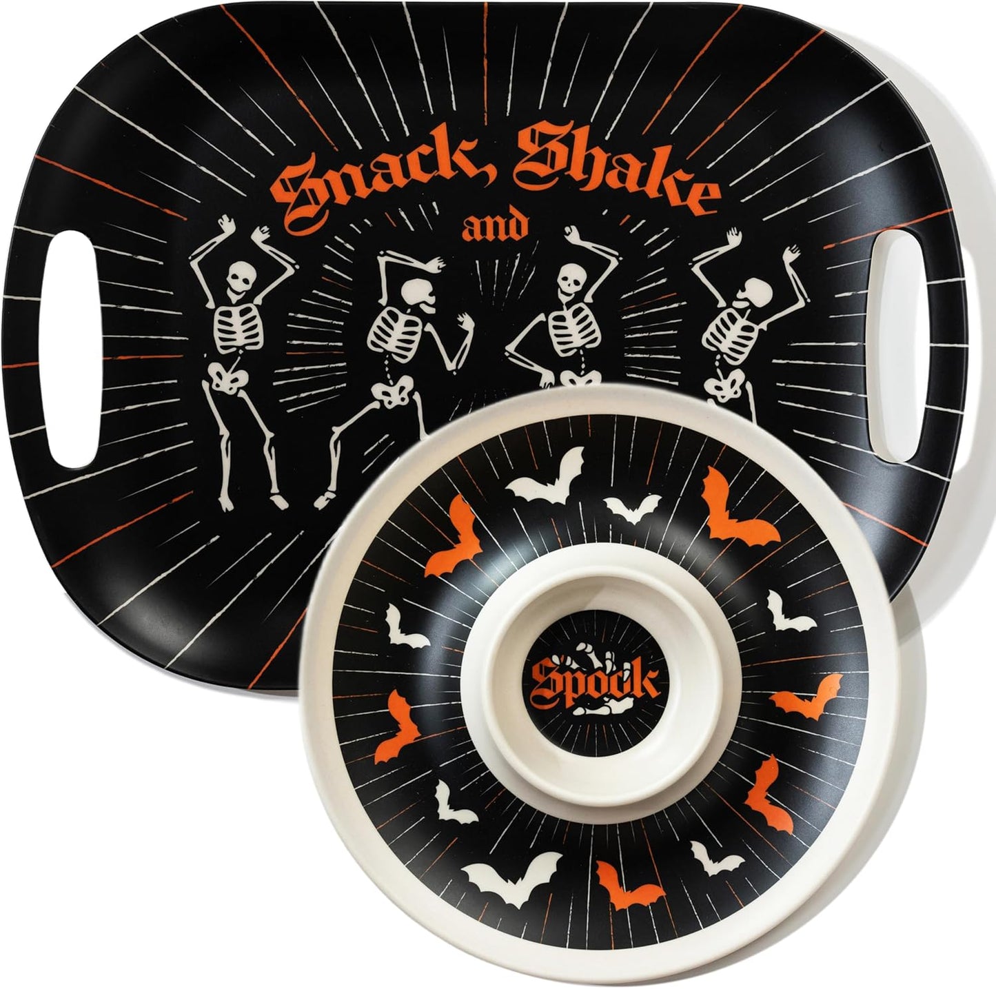 Oasis Choice 2-Pack Halloween Skeleton Serving Trays, 18" Large Handled Tray & 13" Chip & Dip Platter for Horror Party, BBQ, picnics and Birthday Decor (Bamboo Fiber, Black, 18inch)