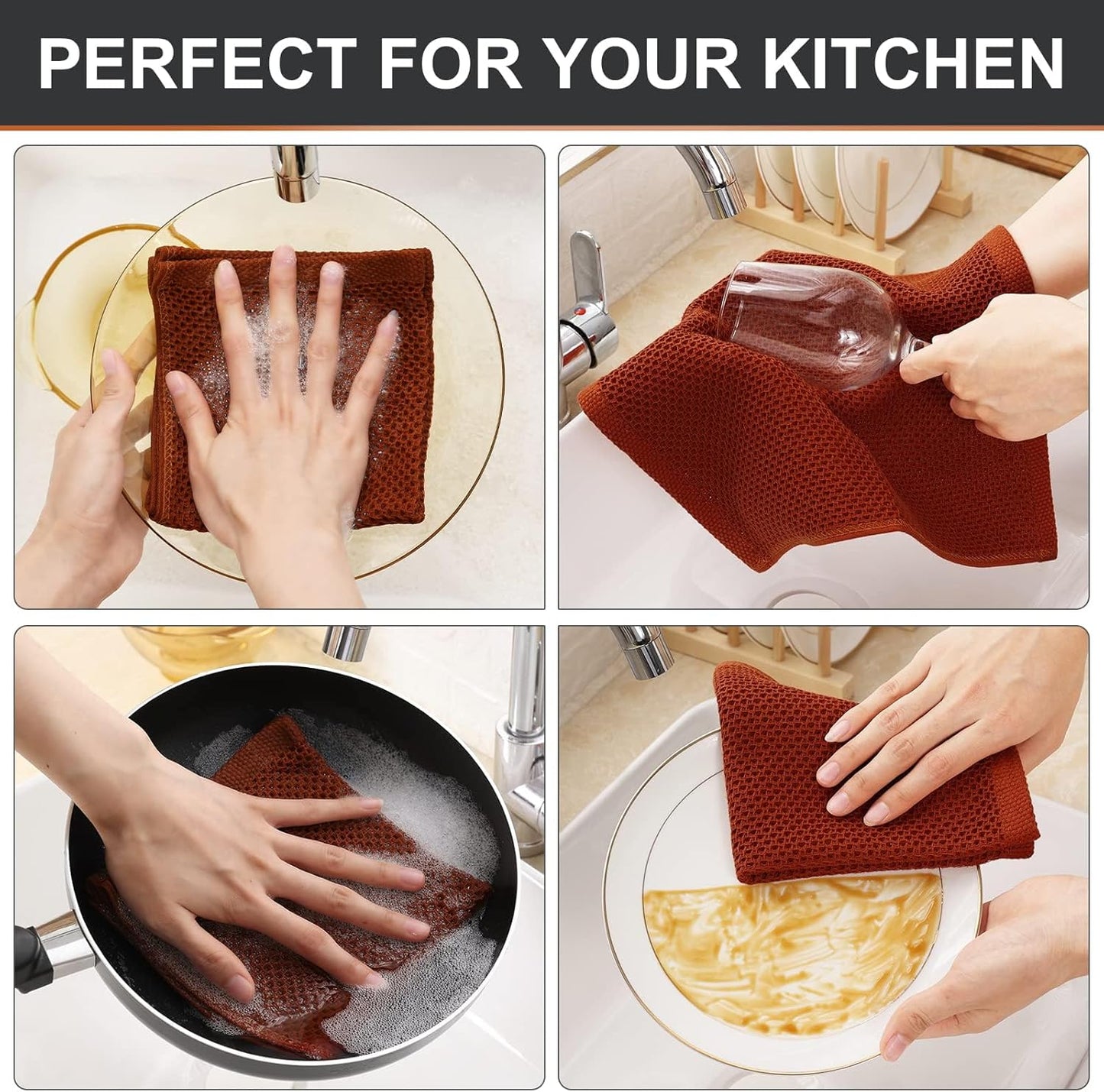 Kitinjoy 100% Cotton Kitchen Dish Cloths, 12 Pack Waffle Weave Ultra Soft Absorbent Dish Towels for Drying Dishes Quick Drying Kitchen Towels Dish Rags, 12 X 12Inch, Rust