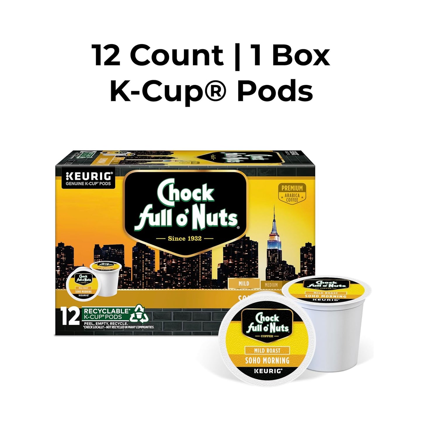 Chock full o’Nuts Soho Morning Keurig K-Cup Pods for Keurig Brewers – Premium Arabica, Mild Roast – Single Serve – 1 Pack of 12 K-Cup Pods