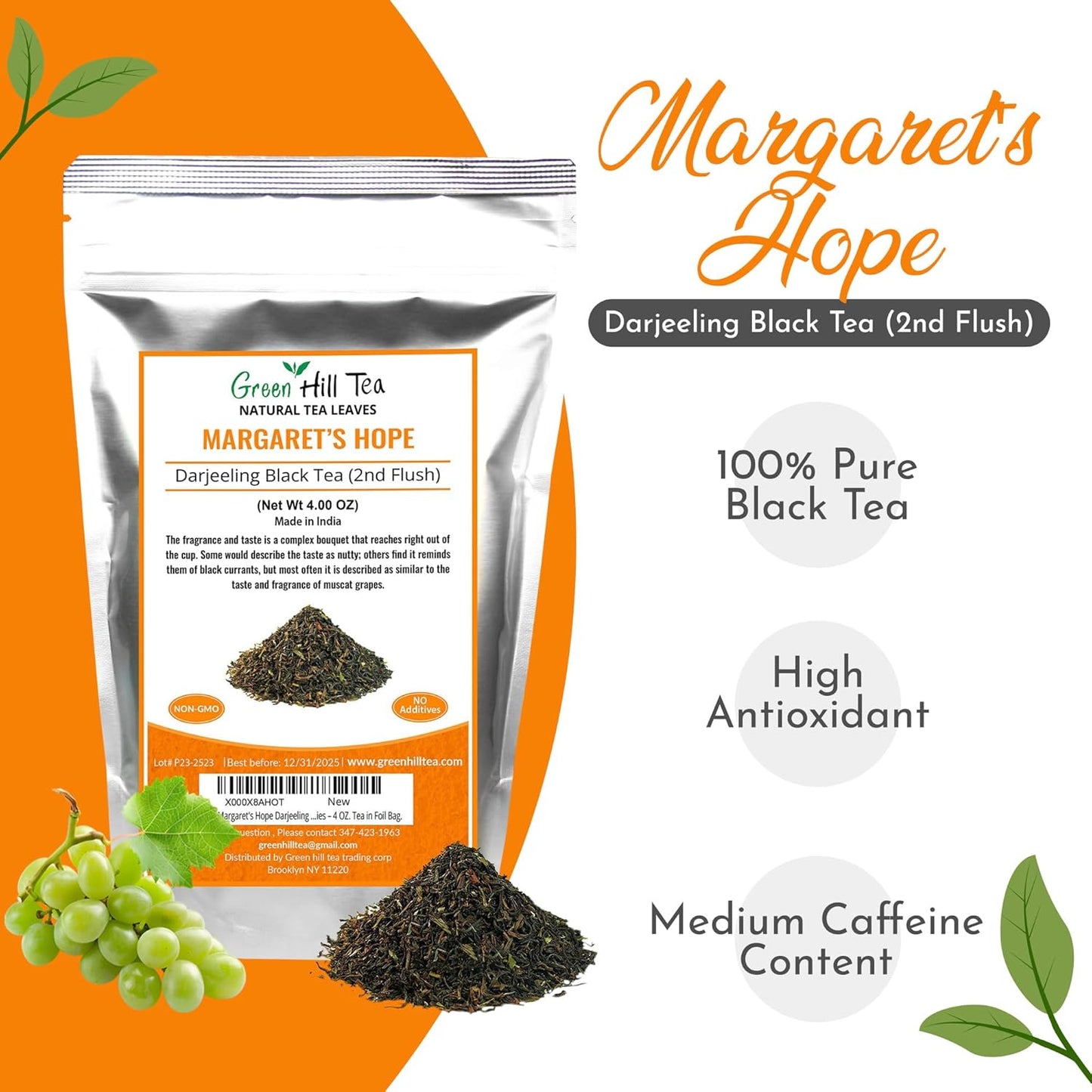 Greenhilltea - Darjeeling Margaret's Hope (TGFOP) Second Flush - Premium Loose Leaves Black Tea From Himalayas- Medium Caffeine-Mellow and aromatic with muscatel notes – 4 OZ. Tea in Foil Bag.
