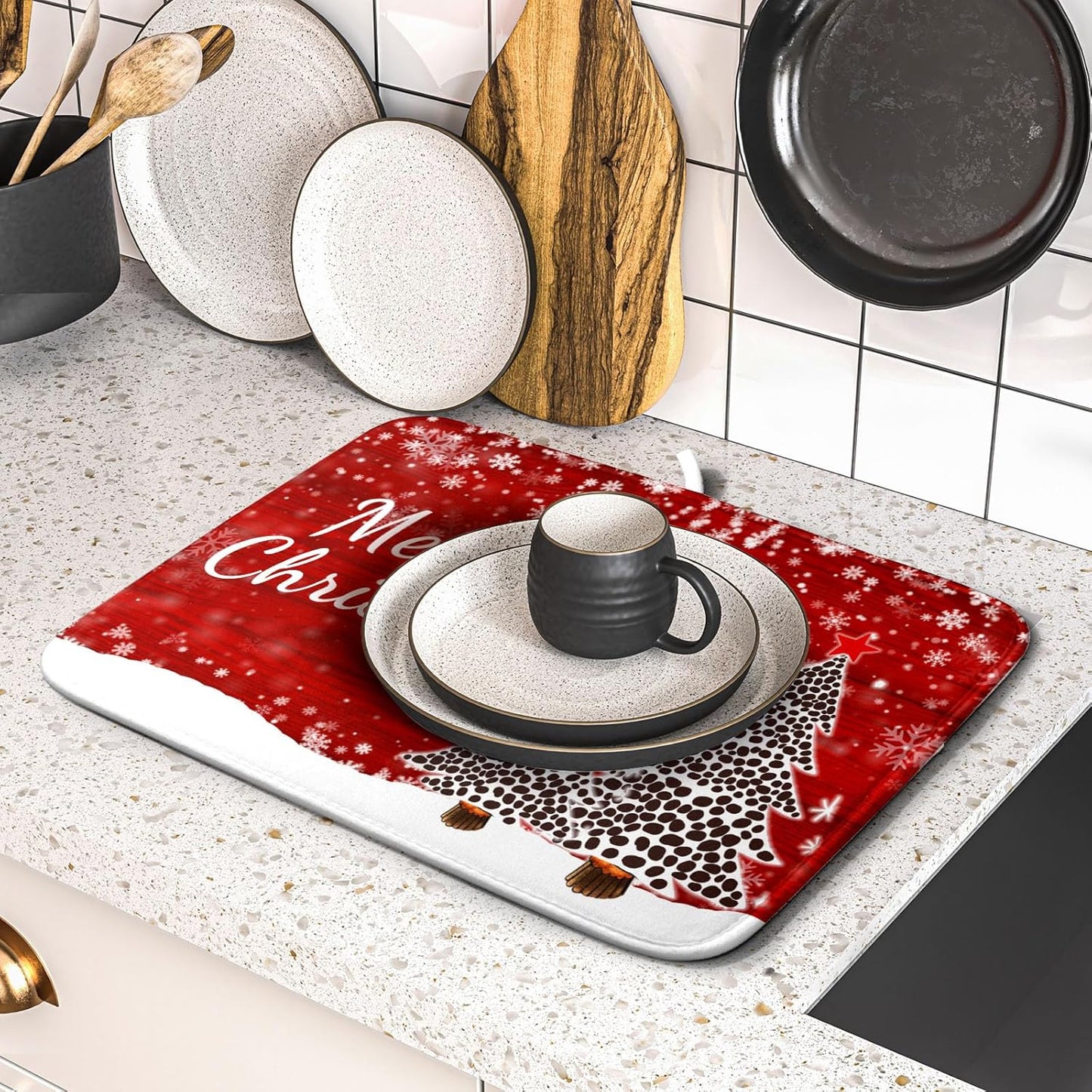 Merry Christmas Tree Red Dish Drying Mat for Kitchen Counter,Winter Snowflake Pine Drying Mat 16 x 18 Inch with Absorbent Reversible Microfiber Dish Drying Pad for Coffee Bar