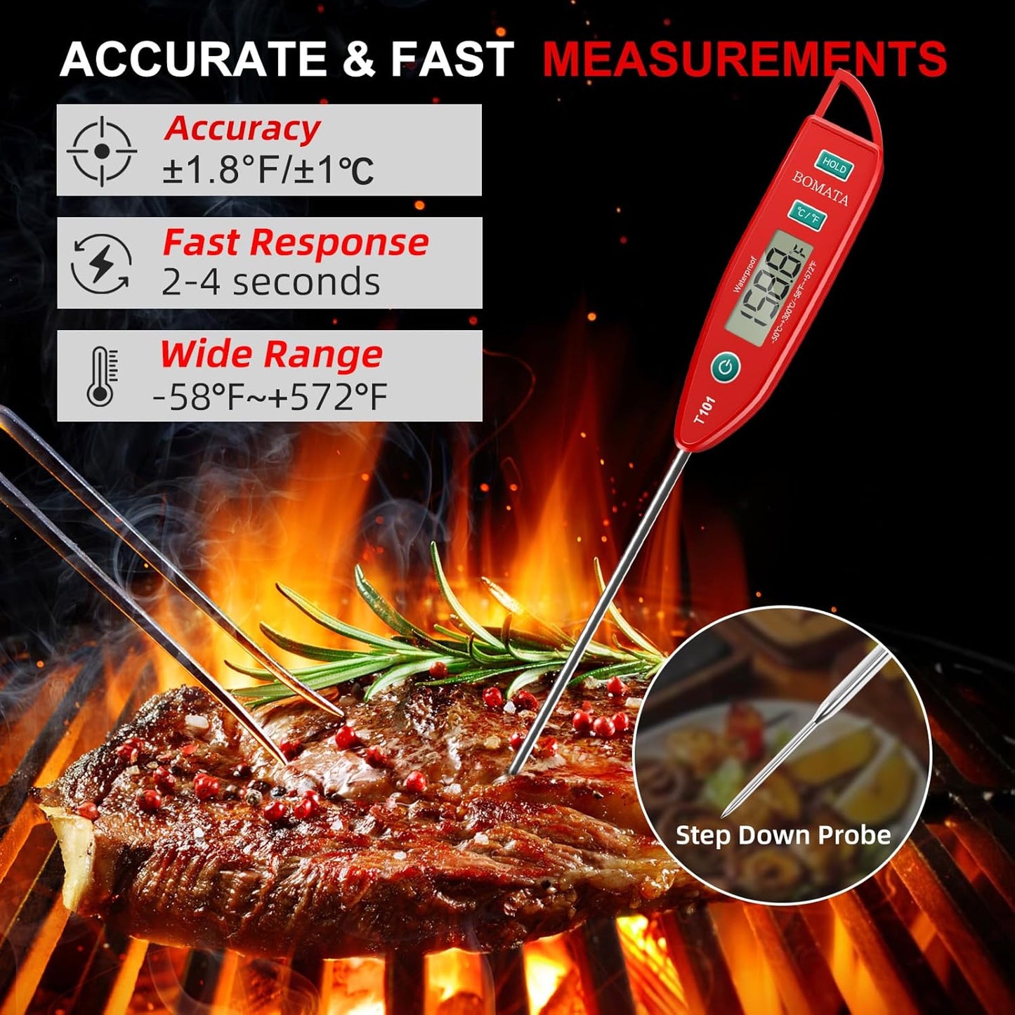 BOMATA Waterproof IPX7 Thermometer for Water, Liquid, Candle and Cooking. Instant Read Food Thermometer with Long Probe for Cooking, Meat, BBQ! T101 (Red Color)………