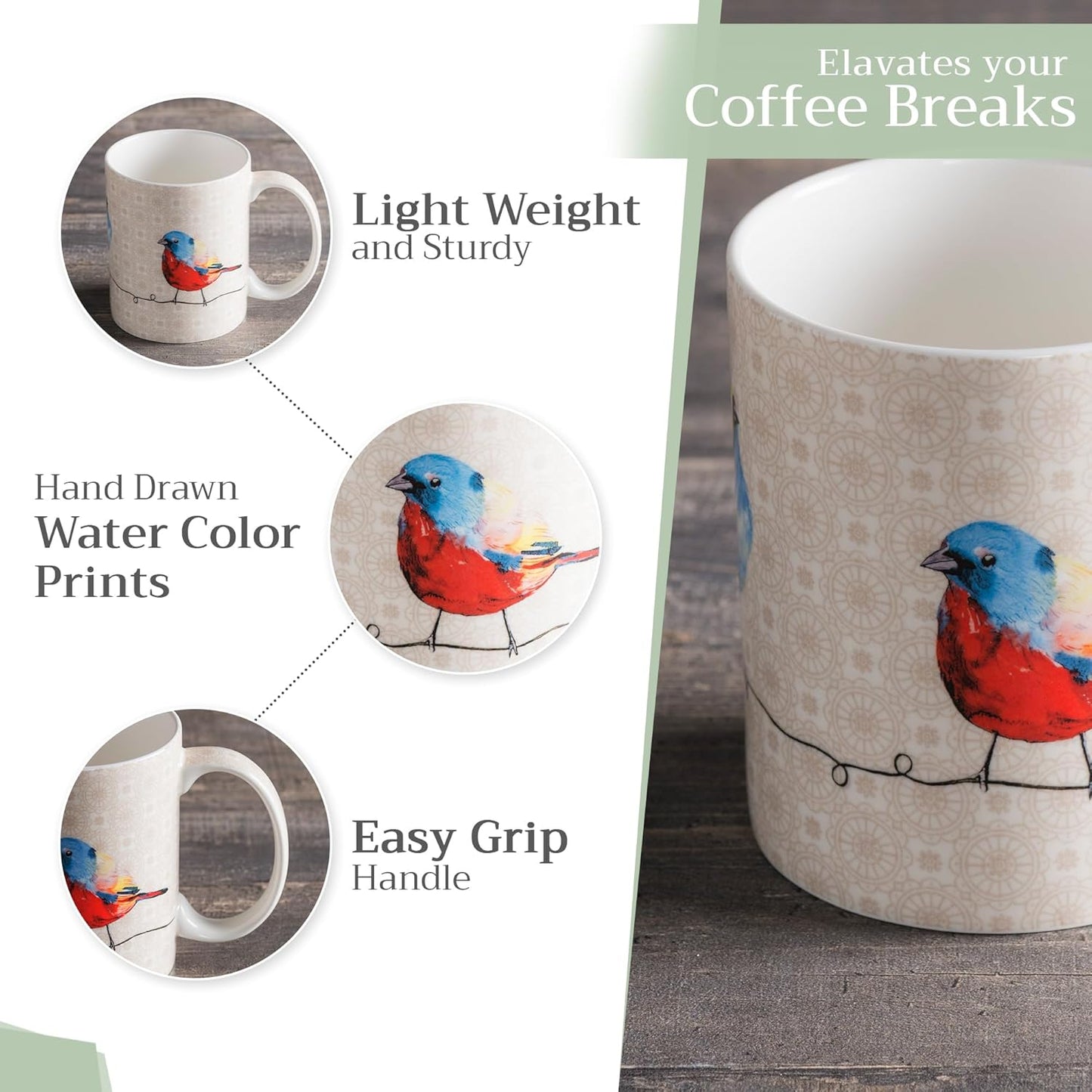 Maison d' Hermine Coffee Mug with Handles Fine Bone China Mugs Pack of Two Tea Cups for Hot Beverages Cappuccino Latte Home Restaurant Office Perfect for Gift (Birdies On Wire, 12 Ounce)