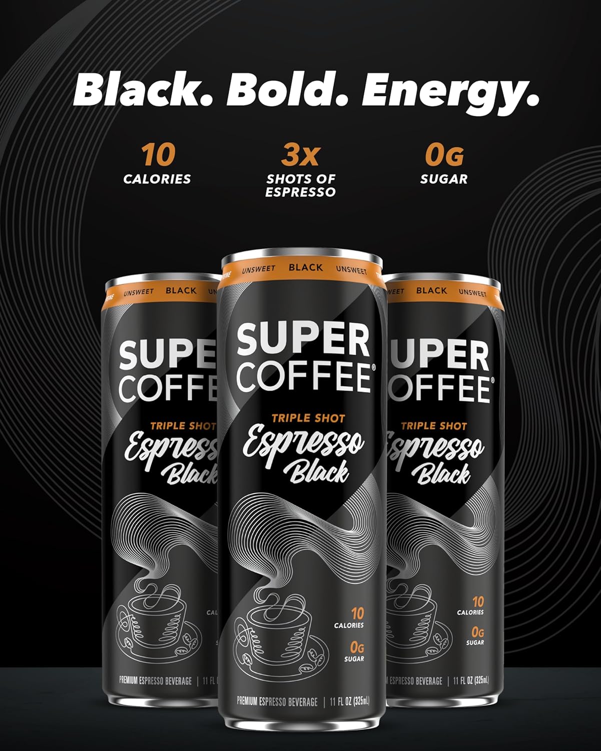SUPER COFFEE Espresso, Iced Keto Coffee (0g Added Sugar, 10 Calories) [Triple Shot Black] 11 Fl Oz, 12 Pack | Cold Brew, Smart Coffee Drinks - SoyFree GlutenFree