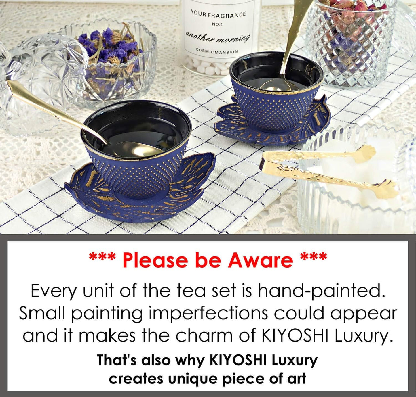 7PC Japanese Tea Set."Midnight Blue Koi" Cast Iron Tea Pot with 2 Tea Cups, 2 Saucers, Tea Infuser and Teapot Trivet. Ceremonial Matcha Accessories