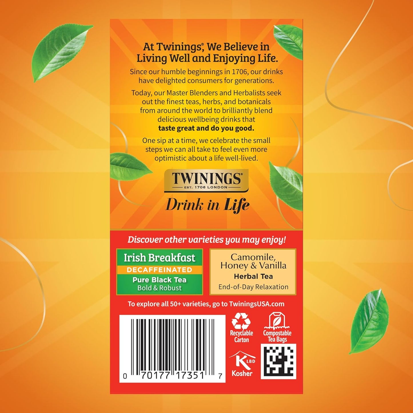 Twinings Decaffeinated English Breakfast Individually Wrapped Bags, 20 Count (Pack of 6), Flavourful & Robust, Enjoy Hot or Iced, 120 Teabags