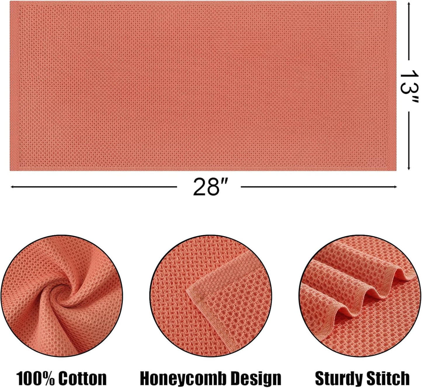 Kitinjoy 100% Cotton Waffle Weave Kitchen Towels, 4-Pack Super Soft and Absorbent Dish Towels for Drying Dishes, Kitchen Hand Towels, 13 in x 28 in, Coral