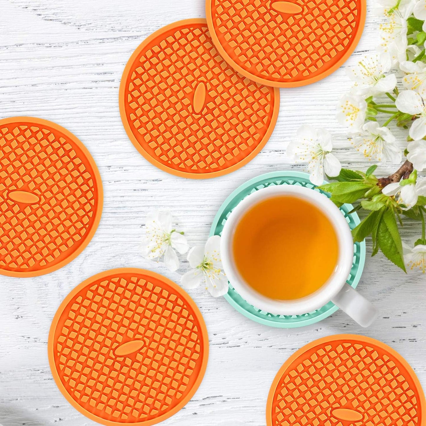 ME.FAN Silicone Coasters [6 Pack] Thickened Drink Coasters with Holder - Cup Mat - Non-Slip, Non-stick, Stay Put, Deep Tray - Prevents Furniture and Tabletop Damages(Orange)