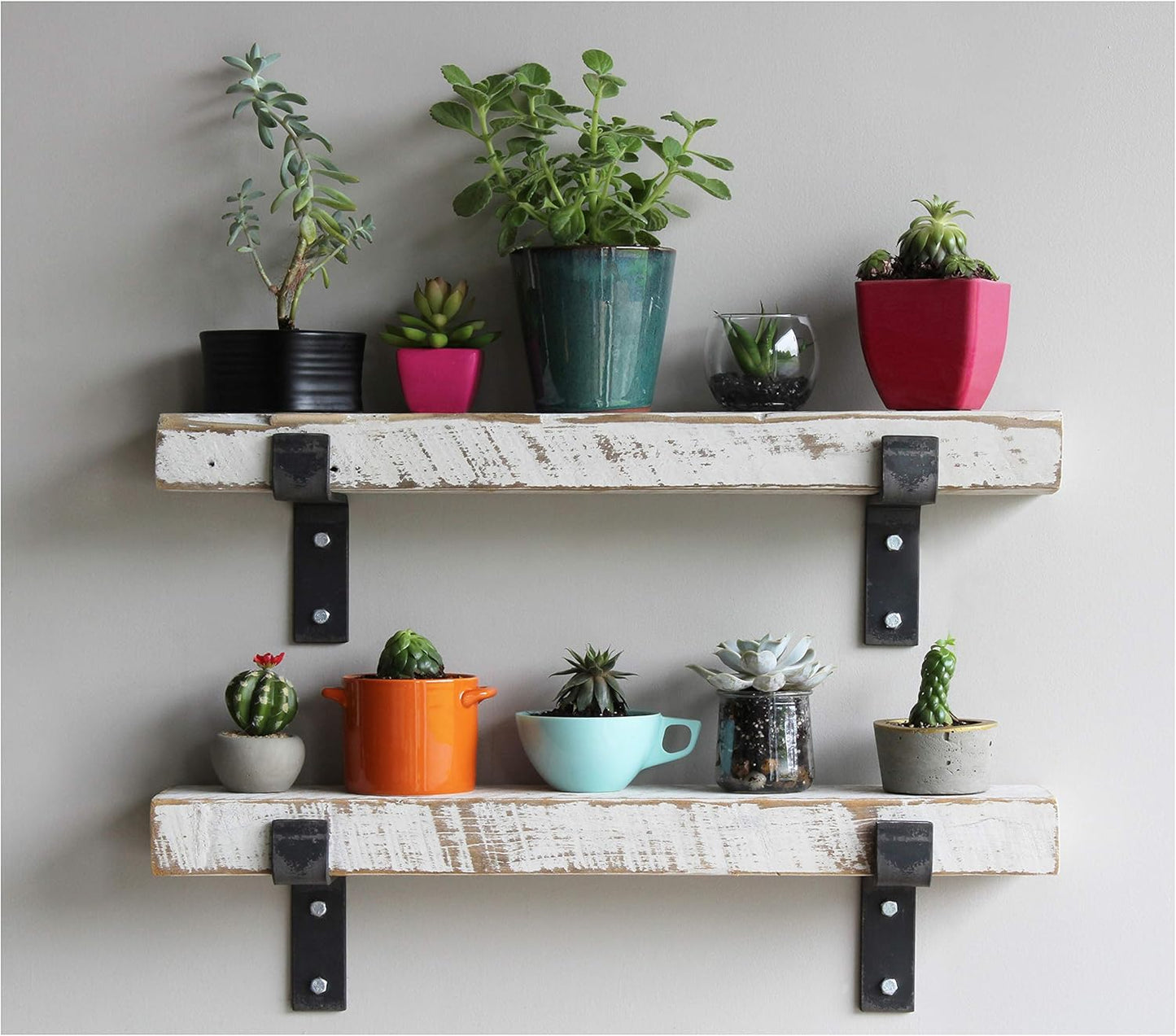 Urban Legacy Accent Shelves | Reclaimed Barn Plank | Set of 2 with Full Brackets (White Wash 30" x 4.5" x 2")