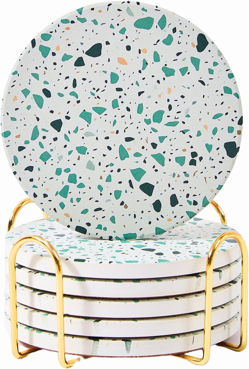 Green Terrazzo Drink Absorbent Coasters with Holder Set of 6, Ceramic Coaster for Drinks, Coffee Table Decor, Water Absorbing Stone Coaster for Drinks (Sage)
