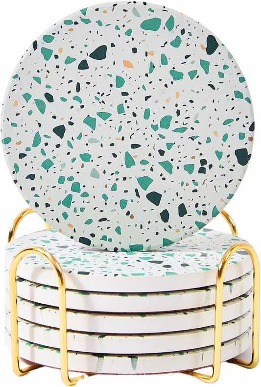 Green Terrazzo Drink Absorbent Coasters with Holder Set of 6, Ceramic Coaster for Drinks, Coffee Table Decor, Water Absorbing Stone Coaster for Drinks (Sage)