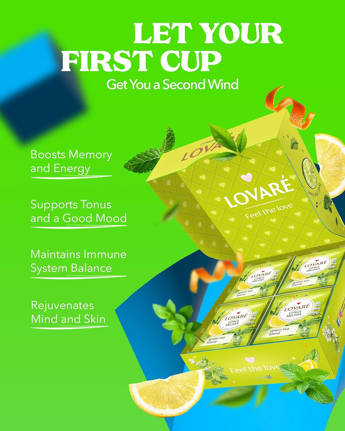 LOVARE Citrus Melissa Tea Bags 48 g - Made in Ukraine - Green Tea, Mint, Melissa, Lemongrass, Orange Peel - Tea Bags Individually Wrapped - Gift Box Sets for Tea Lovers (32 Tea Bags x 1.5 g Each)