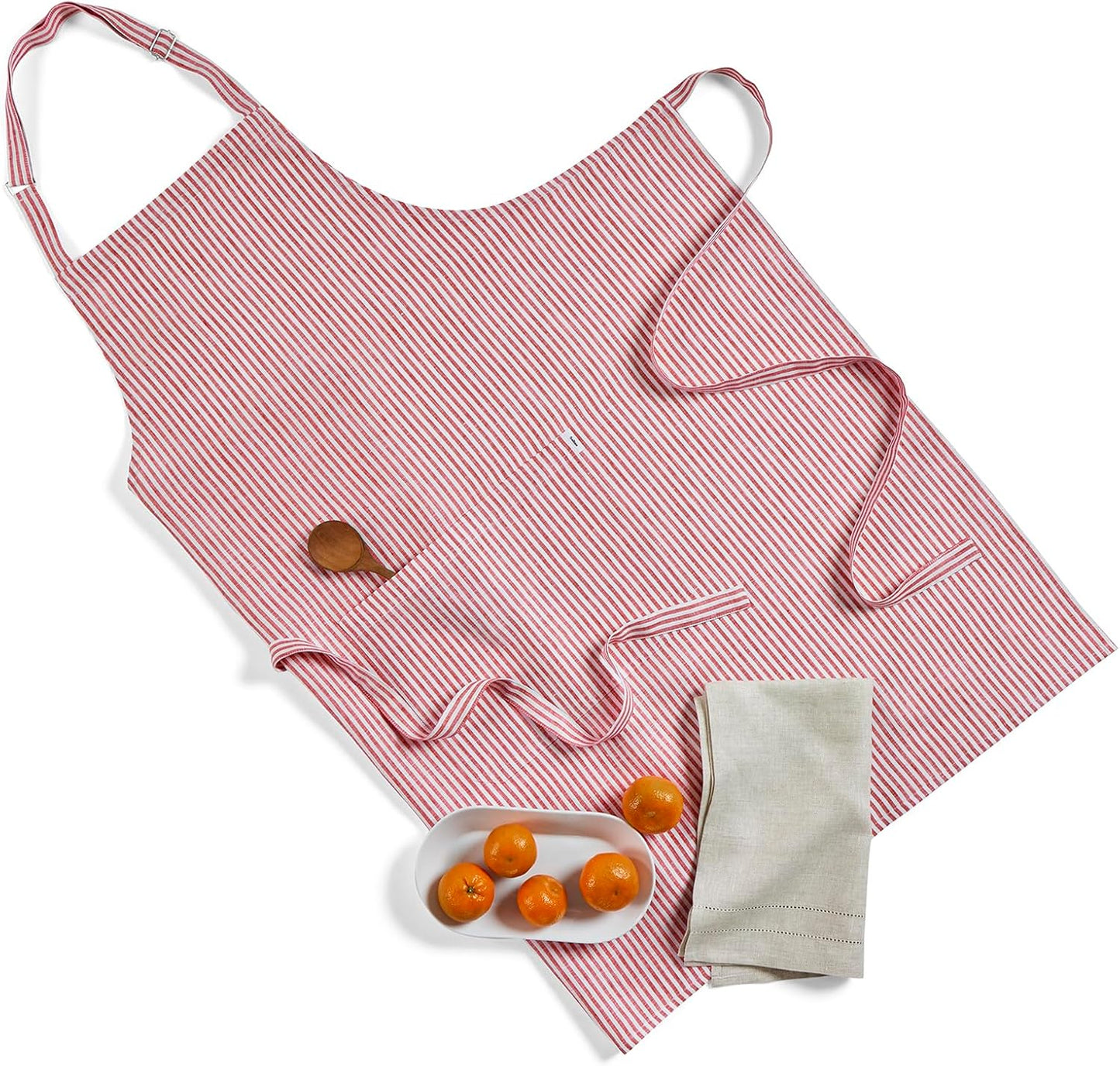 Solino Home 100% Pure Linen Apron for Women & Men - Red and White Stripe Full Midi Bib Apron, Adjustable Neck Strap with Center Pockets for Kitchen, Chef - Handcrafted from European Flax