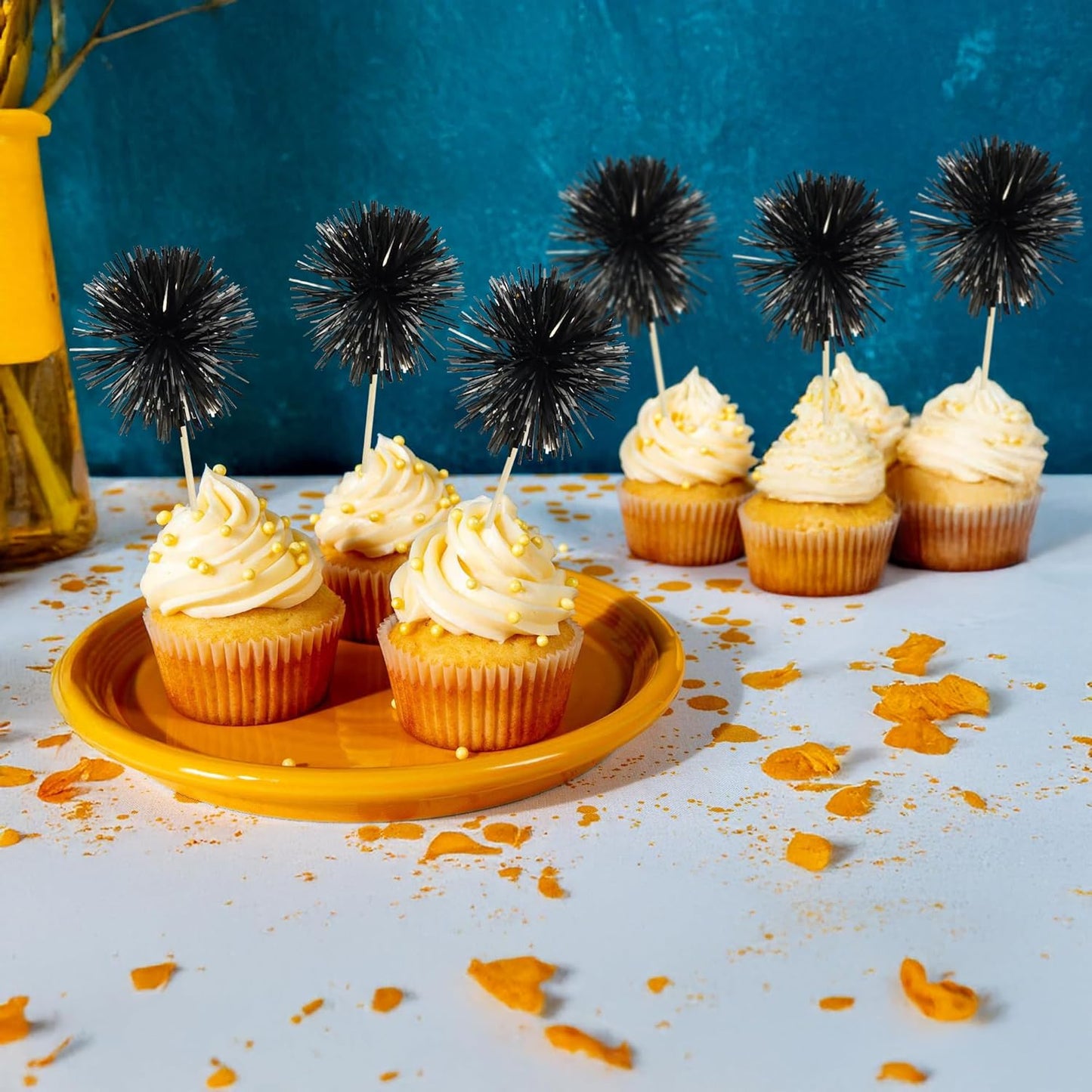 Gyufise 30Pcs Foil Firework Cupcake Toppers Sparkle Tinsel Cake Toppers Tinsel Drink Cake Decoration Cocktail Picks for Birthday Wedding Graduation Party Supplies Black