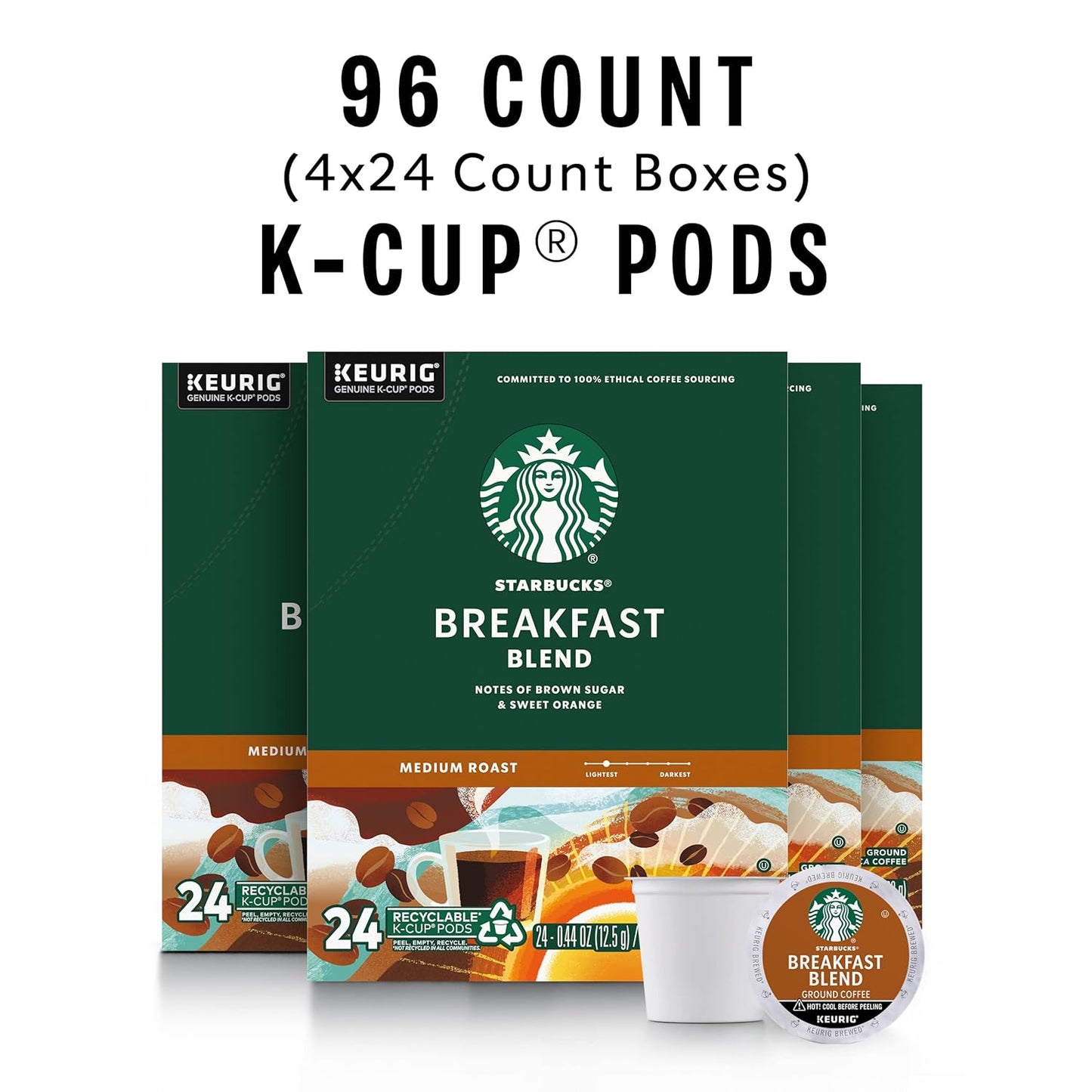 Starbucks K-Cup Coffee Pods, Medium Roast Coffee, Breakfast Blend, 100% Arabica, 4 boxes (96 pods total)