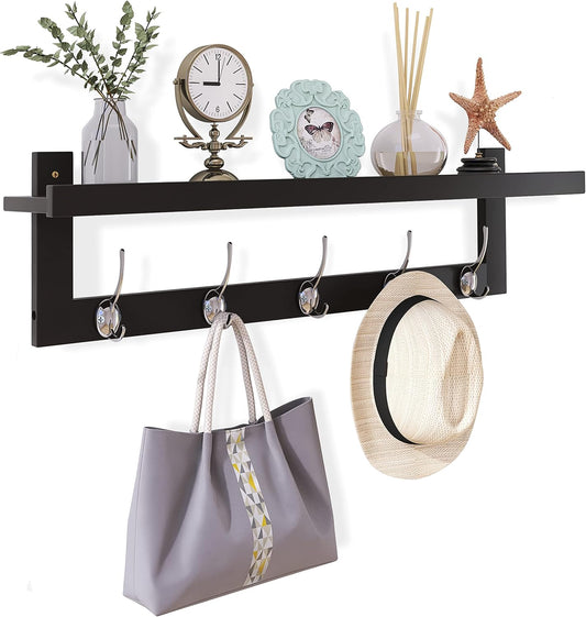 SMIBUY Coat Hooks with Shelf Wall-Mounted, 29.2 Inch Entryway Coat Rack for Wall, Bamboo Hanging Shelf with 5 Double Metal Hooks for Bathroom, Bedroom, Kitchen, Living Room, Mudroom (Black+Silver)