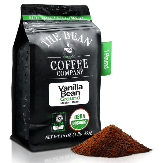 The Bean Organic Coffee Company Vanilla Bean, Medium Roast, Ground Coffee, 16-Ounce Bag,Café molido tostado organico