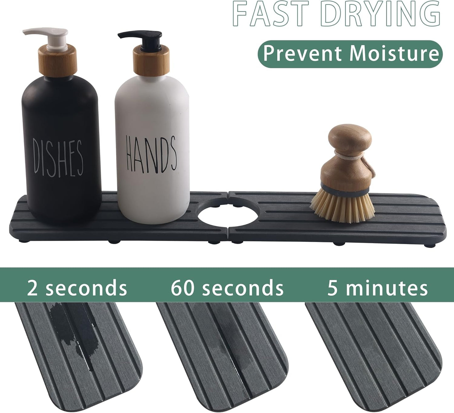 ZumenDa 17inch x 4inch Kitchen Sink Faucet Mat, Water Absorbing Stone Faucet Splash Guard for Bathroom Counter, Quick Drying Diatomite Tray for Kitchen Sink, Dark Gray