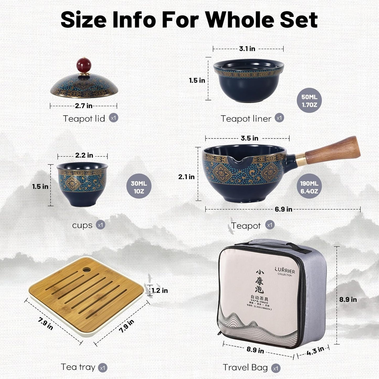 LURRIER Porcelain Chinese Gongfu Tea Set,Portable Teapot Set with 360 Rotation Tea maker and Infuser,Portable All in One Gift Bag for Travel,Home,Gifting,Outdoor and Office (Floral Blue)