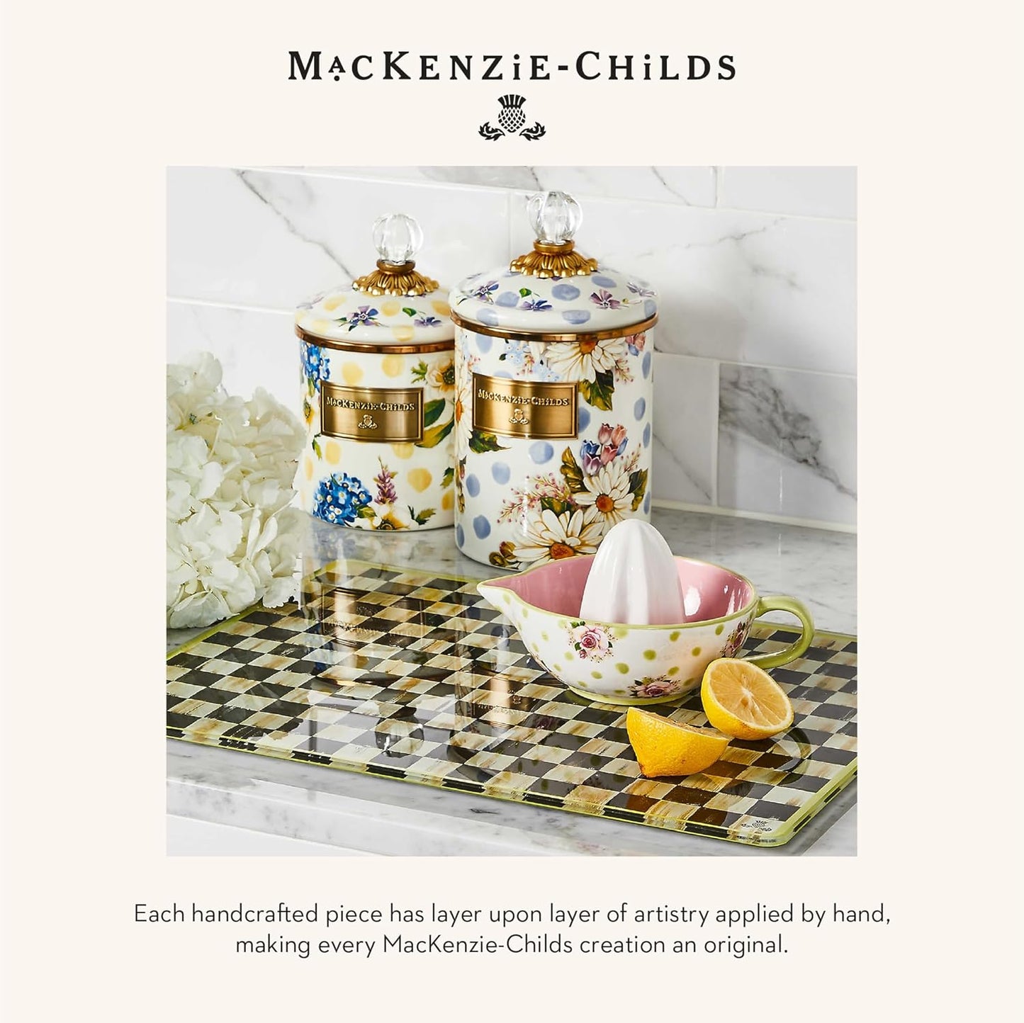 MACKENZIE-CHILDS Wildflowers Enamel Canister, Floral Kitchen Storage Container with Lid, Medium