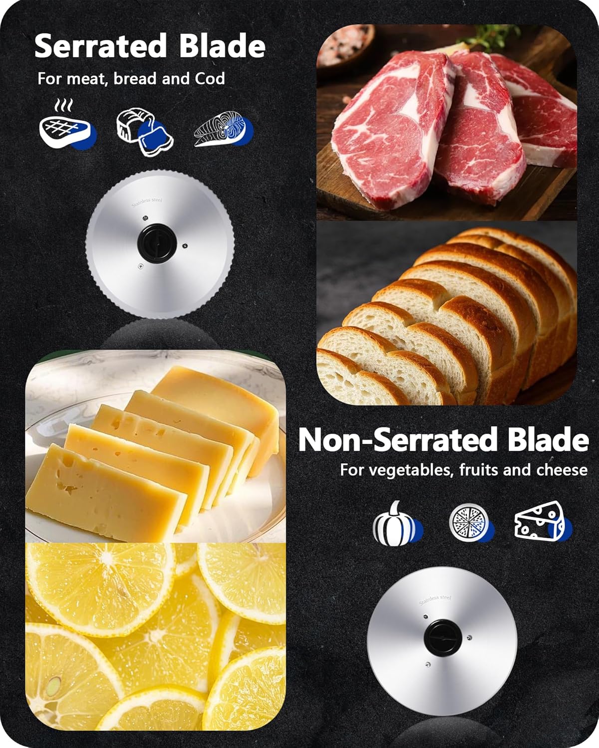 Meat Slicer Machine for Home, 200W Electric Deli Food Slicer with 2 Removable 7.5" Stainless Steel Blades & Tray, Adjustable Thickness, Child Lock Protection, Easy to Clean for Meat, Bread, Cheese