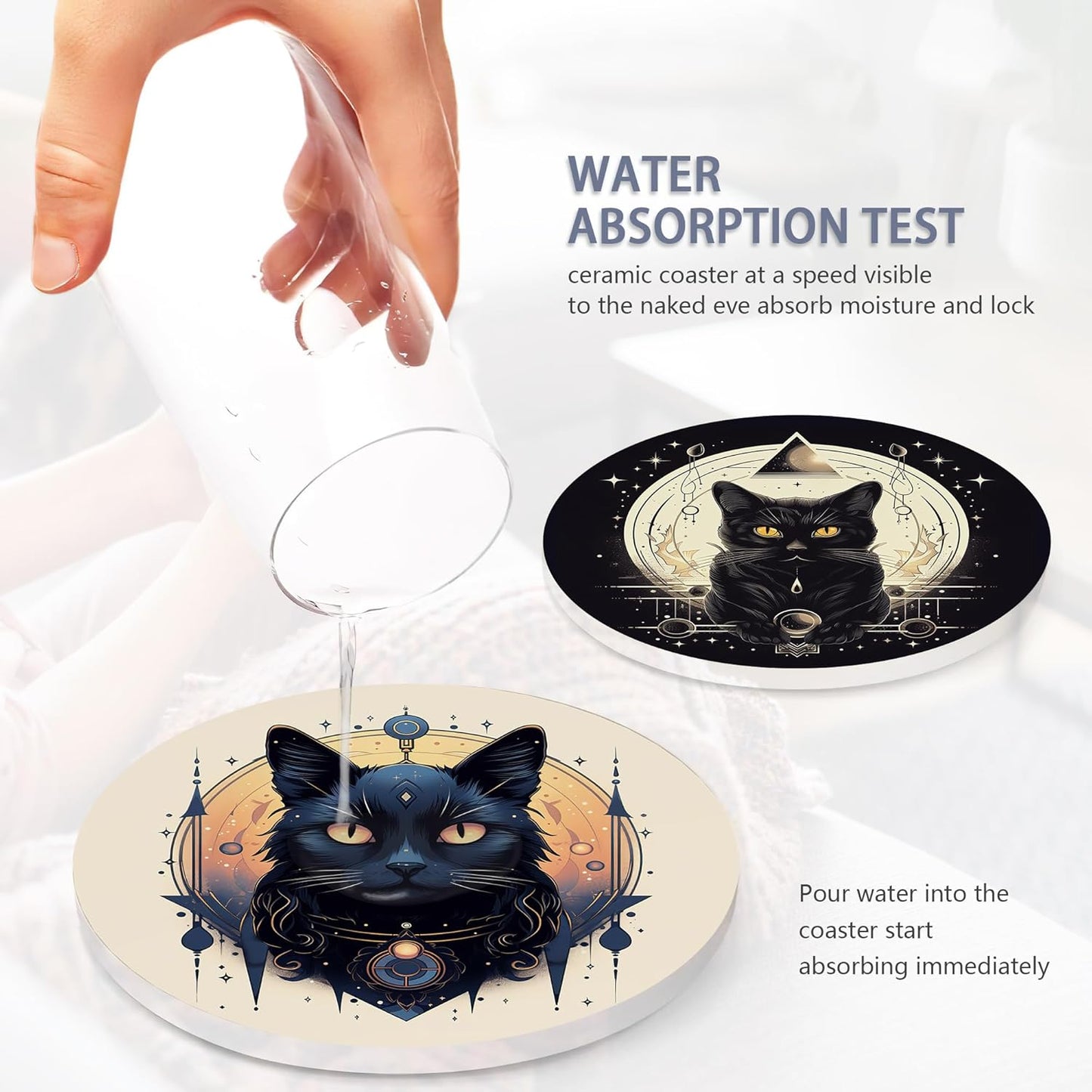 Drink Coasters Set of 6 with Holder, Black Cat Absorbent Ceramic Coasters with Cork Base,Fit All Cups,Great Gift for Housewarming,Room Decor,Bar,Holiday Party