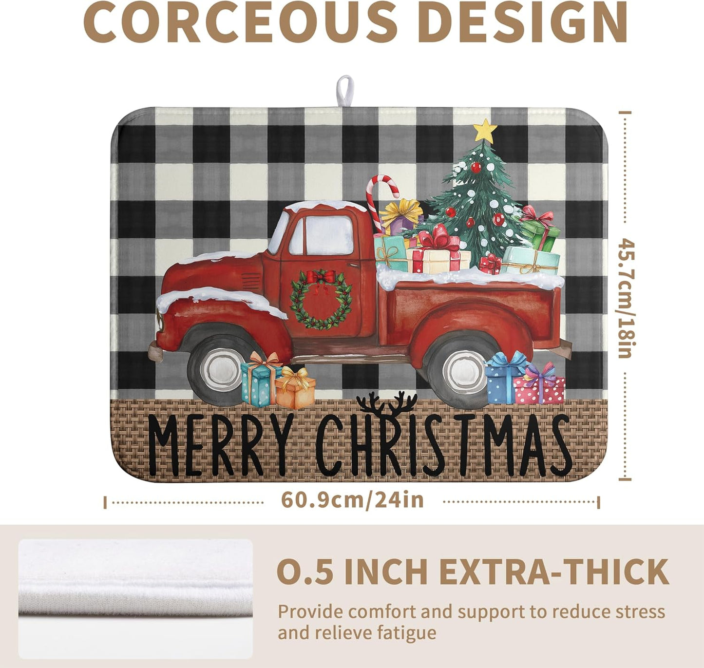Merry Christmas Truck Dish Drying Mat Winter Large Kitchen Mats Dish Drying Pad Xmas Tree Absorbent Dish Dryer Mat for Kitchen Countertops Microfiber Drainer Pad Dish Drying Mats (18x24 in)
