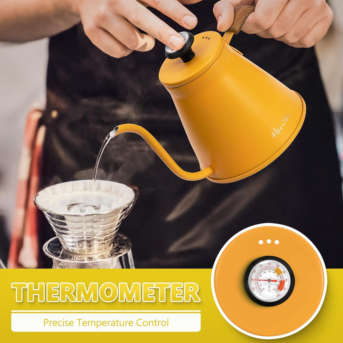 Harriet Gooseneck Kettle with Thermometer for Pour Over Coffee and Tea, 37 fl oz, Stainless Steel, Durable 3-Layer Base, Ideal Spout for Precision Pouring, Compatible with all Stove Tops, Yellow