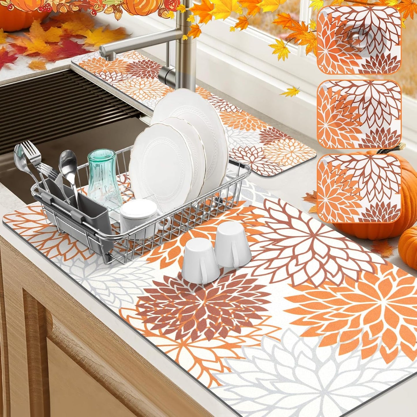 Findosom 2PCS 17" x 32" Fall Dish Drying Mat & 24" x 5.5" Sink Splash Guard, Super Absorbent & Cuttable Dish Mat Drying Kitchen Mat with Orange Floral, Hide Stain Drying Mat for Kitchen Counter