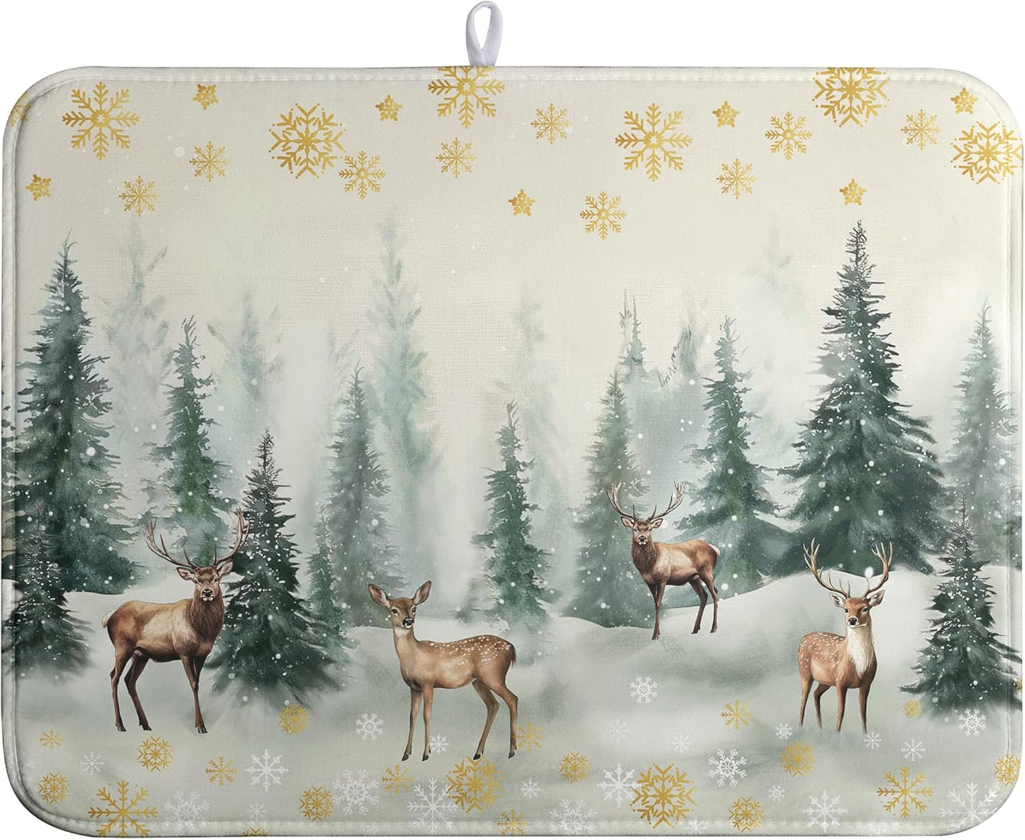 Winter Deer Snowflakes Dish Drying Mat Christmas Snow Forest Large Kitchen Mats Dish Drying Pad Absorbent Dish Dryer Mat for Kitchen Countertops Microfiber Drainer Pad Dish Drying Mats (18x24 in)