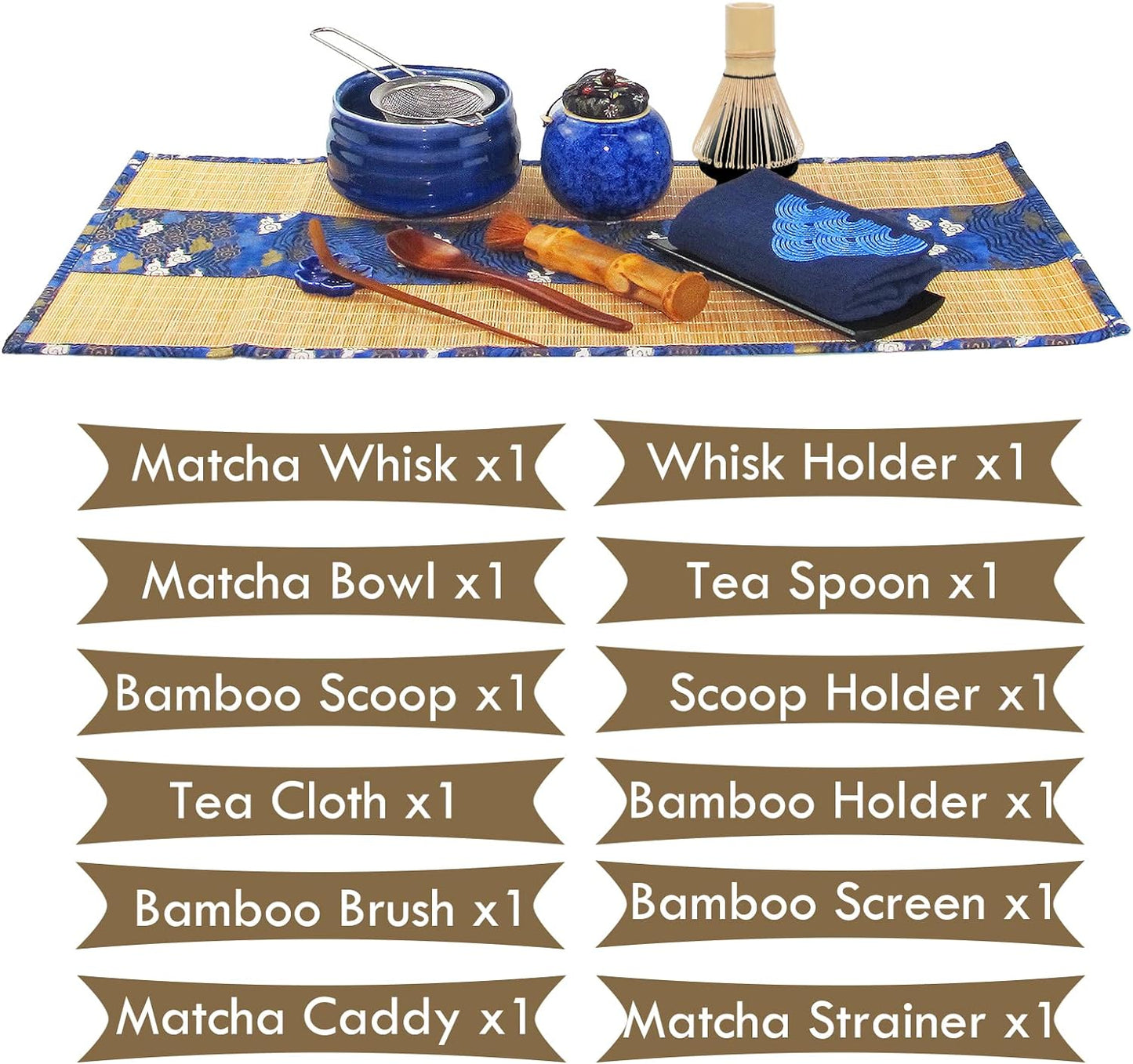 Artcome 12Pcs Japanese Matcha Tea Set - Bowl, Bamboo Whisk, Holder, Brush and Screen - Handmade Ceremony Kit for Traditional Tea Ceremony