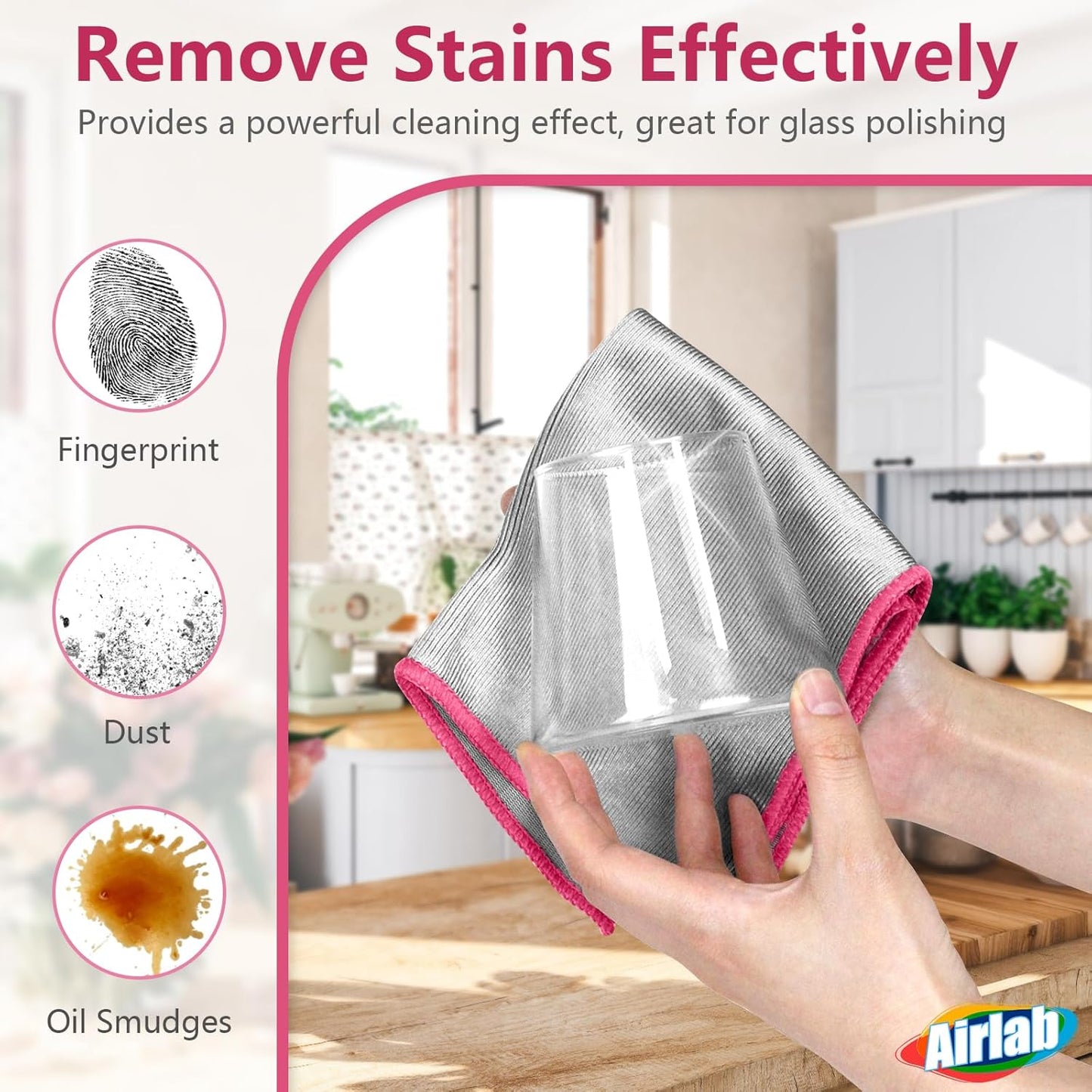 Airlab Glass Polishing Cloth Streak Free Miracle Microfiber Cleaning Cloth Lint Free Cleaning Rags for Glasses Kitchen Dish Mirrors Easy Clean, Pack of 6, 12" x 12", Sliver-Pink