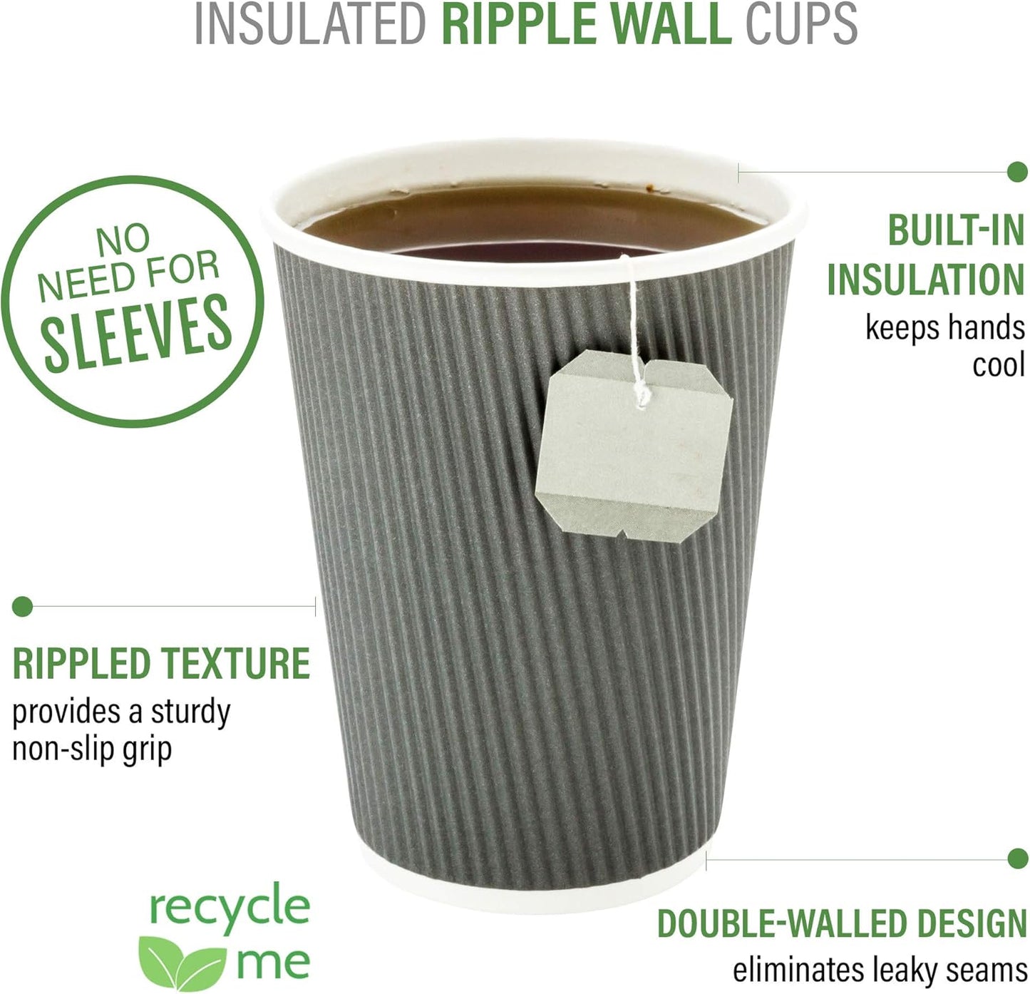 Restaurantware 16 Ounce Ripple Wall Disposable Coffee Cups, 500 Insulated Gray Paper Tumblers with Rolled Rim Design, Lids Sold Separately for Hot Drinks like Tea, Hot Chocolate and More