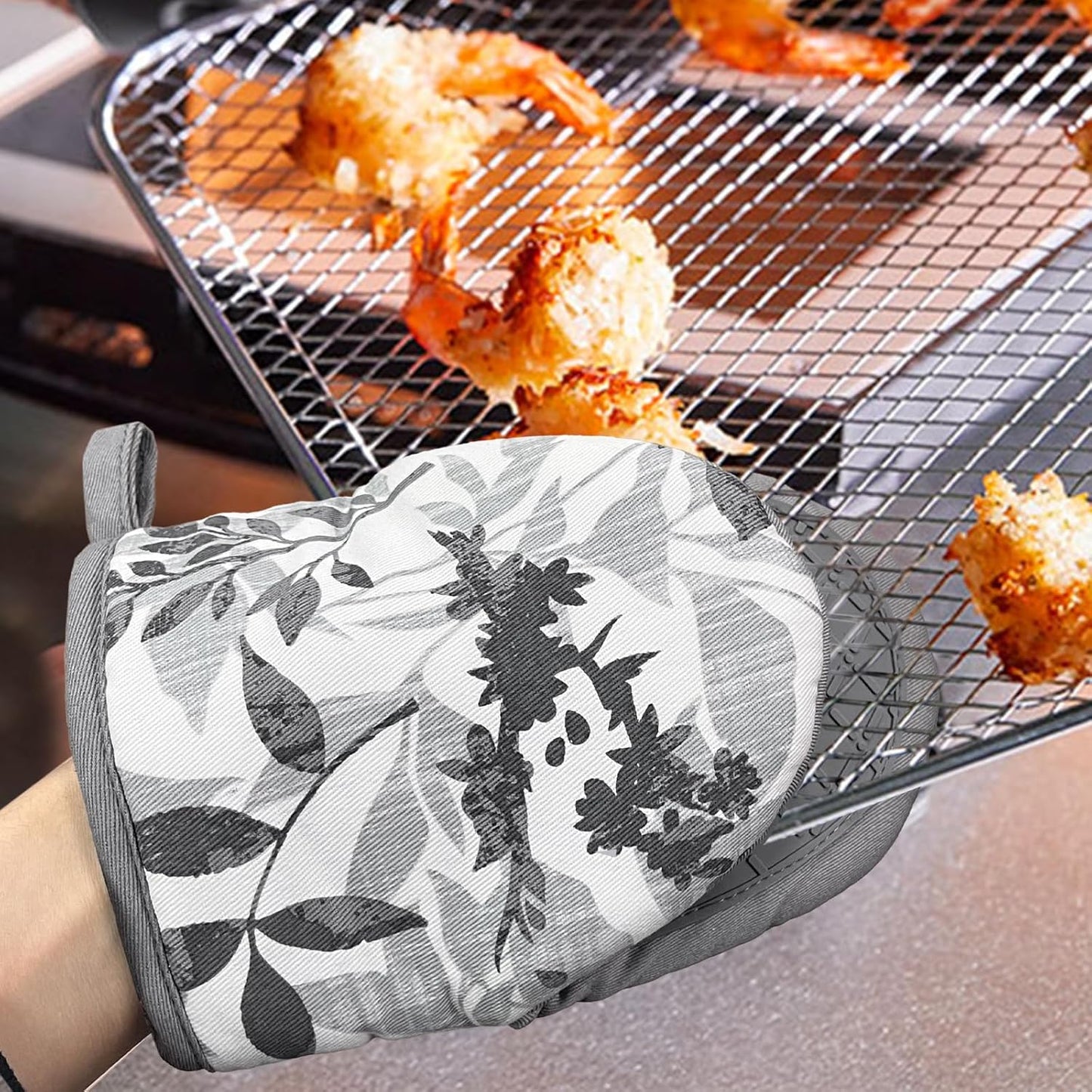 Mini Silicone Oven Mitts, Heat and Slip Resistant Kitchen Mittens 2-Pack Set, Foliage Flower Soft Short Oven Gloves, Flexible Thick Pot Holders for Safe Cooking Baking and Grilling (Grayish)