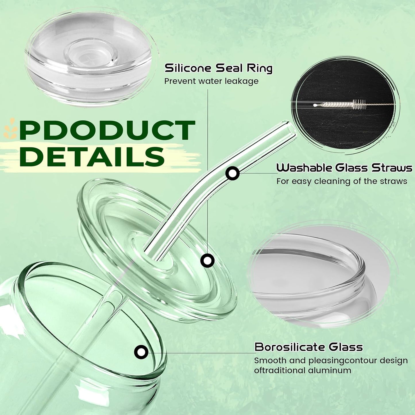 Joyclub 20 oz Glass Cups with Acrylic Lids and Straws 2pcs Can Shaped Glass Iced Coffee Cups with Lids, Drinking Jar Glasses Cute Tumbler Cup Great for Smoothie Soda Boba Tea Cocktail Beer Gift