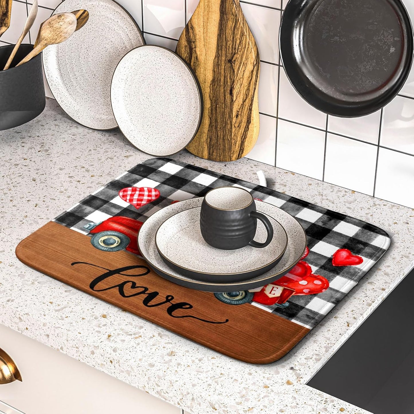 Valentine's Day Red Heart Truck Dish Drying Mat for Kitchen Counter,Black White Buffalo Plaid Love Drying Mat 16 x 18 Inch with Absorbent Reversible Microfiber Dish Drying Pad for Coffee Bar