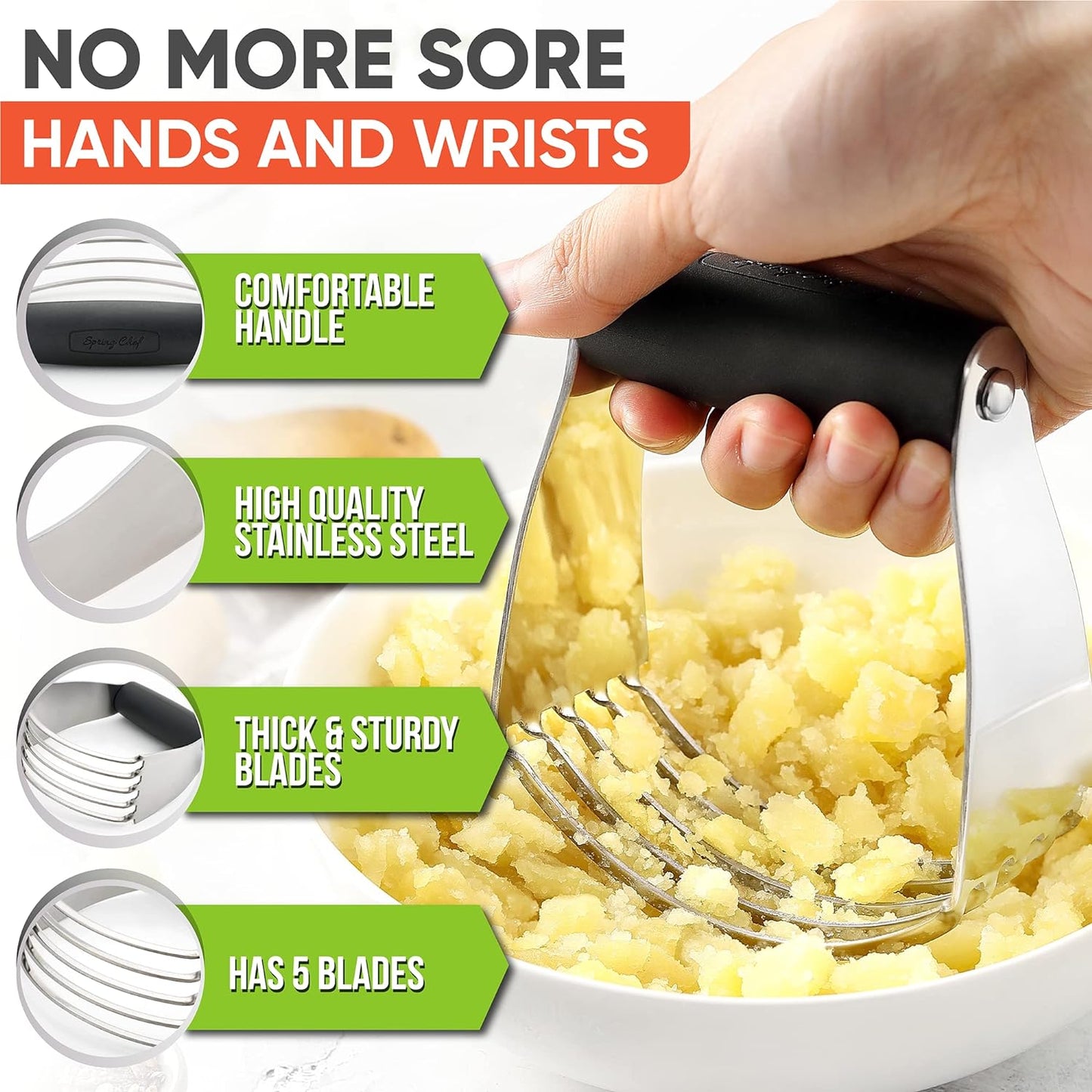 Spring Chef Dough Blender, Top Professional Pastry Cutter with Heavy Duty Stainless Steel Blades, Medium Size, Black