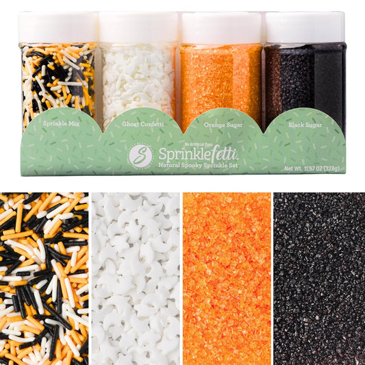 Sweets Indeed Dye-Free Halloween Sprinkles 4-Pack – 11.57 oz Natural Spooky Decorating Set | Sprinkle Mix, Ghost Confetti, Orange Sugar & Black Sugar | Edible Dye-Free Cake & Cupcake Decorations
