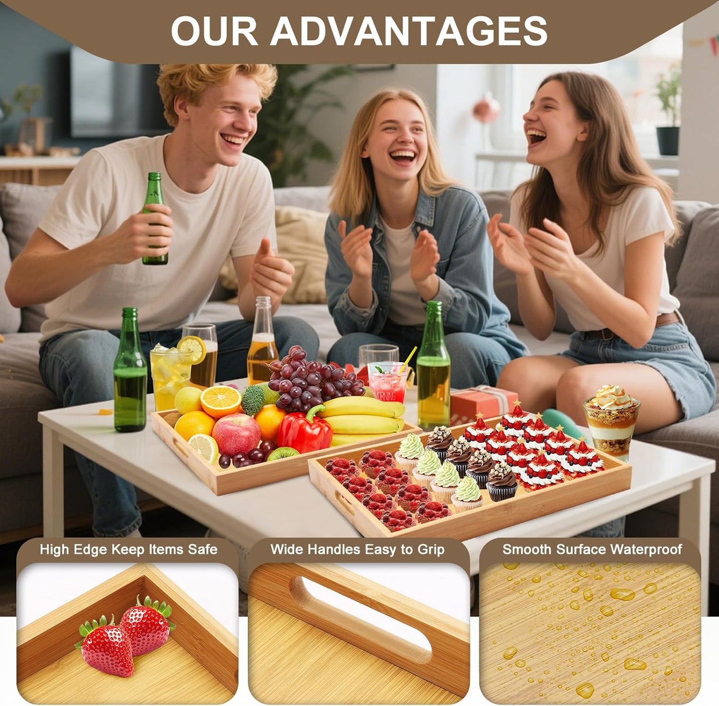 Wooden Serving Tray with Handles Bamboo Decorative Large Coffee Table Food Trays for Breakfast Dinner Restaurants Party or Home Decor Outdoor Scenarios 2 Packs