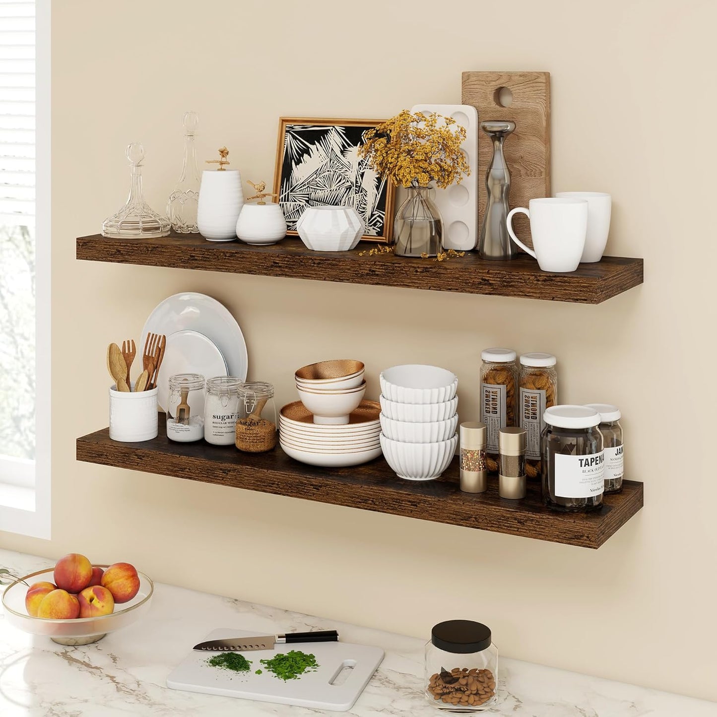 40 Inch Floating Shelves, 9.3" Deep Floating Shelf Wall Mounted, 40" Wall Shelves, Rustic Deep Bookshelf, Large Display Shelves & Storage Shelves for Bedroom, Living Room, Brown, Set of 2