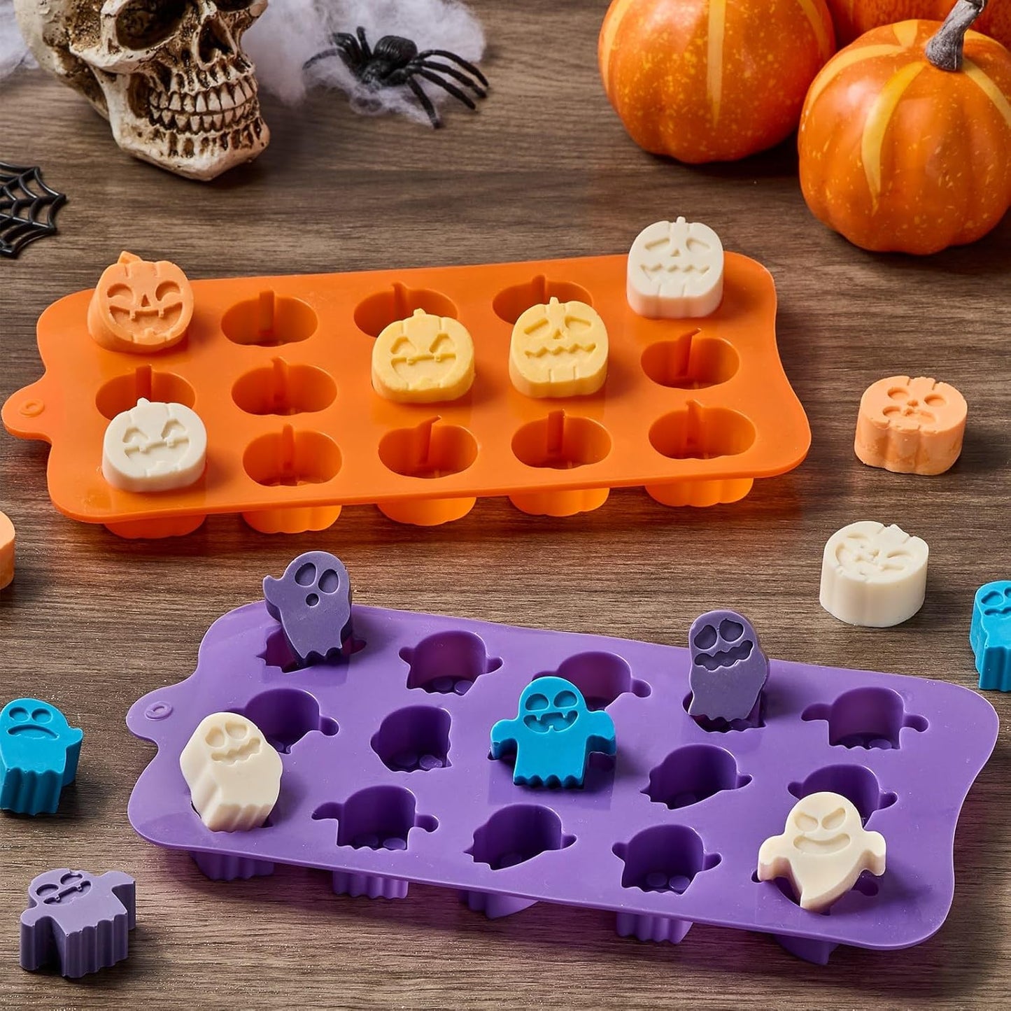 JOERSH Halloween Chocolate Silicone Molds, 4PCS Pumpkin Ghost Shaped Candy Mold Non Stick Baking Pan for DIY Chocolate, Fondant, Jello, Gummy, Candy, Cake Topper, Dessert Decorating