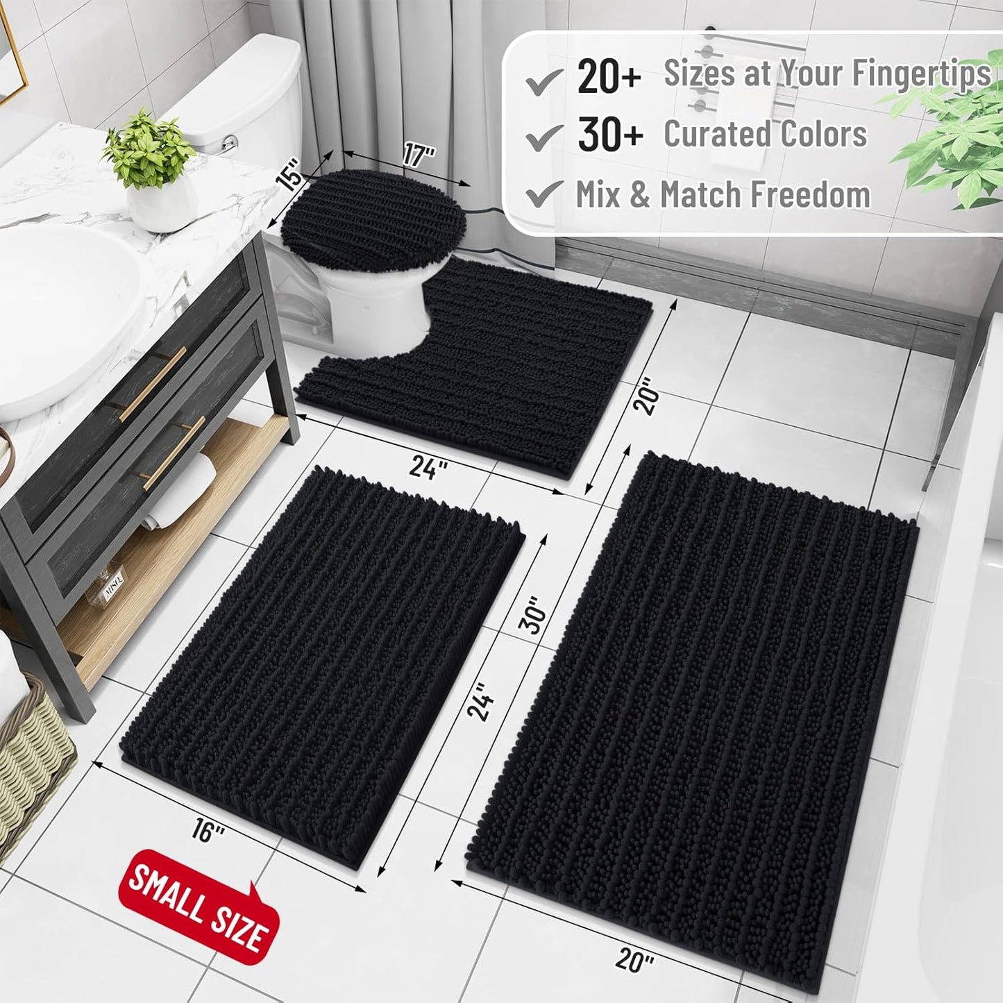 Arotive Luxury Chenille Bathroom Rug Mat, Extra Soft Thick Absorbent Shaggy Bath Rugs, Non-Slip Machine Wash Dry, Plush Bath Mats for Bathroom, Shower and Tub, 47x24, Black