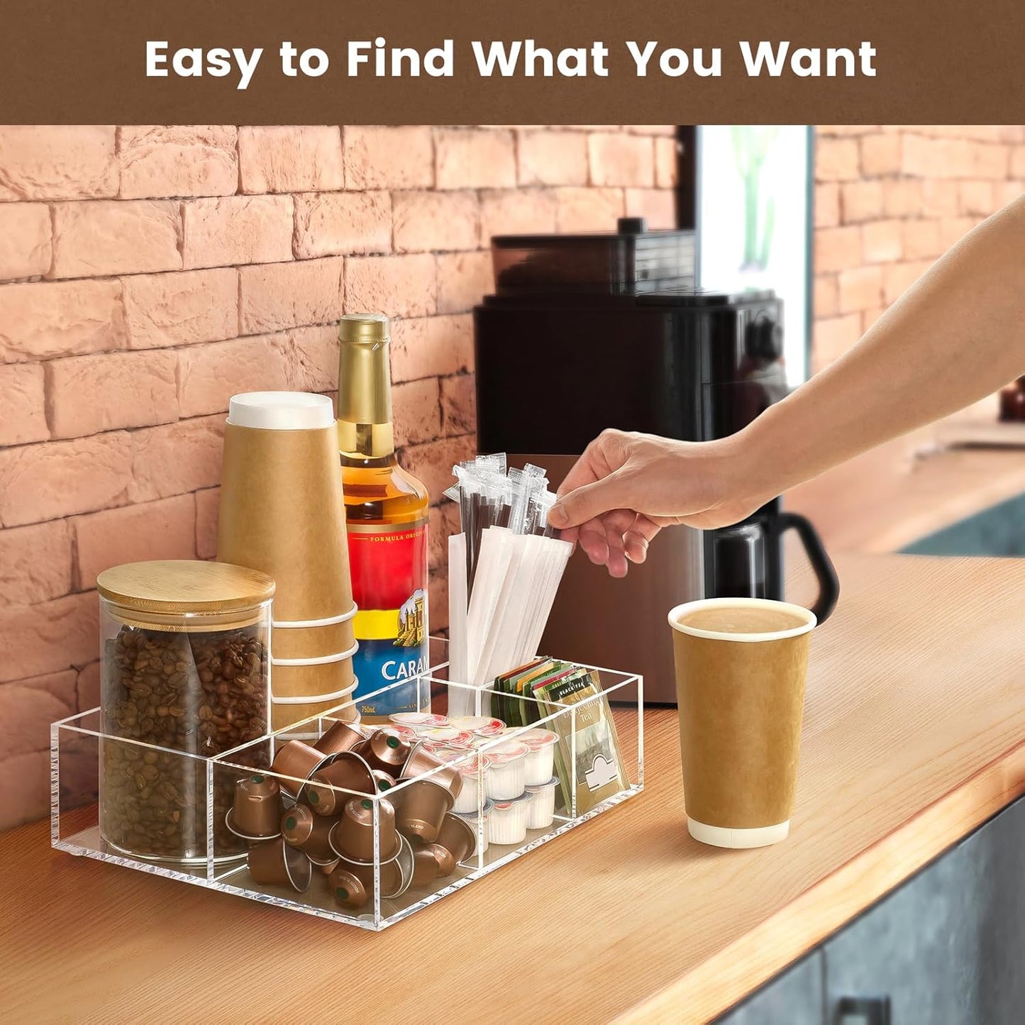 BEYGORM Acrylic Coffee Bar Station Organizer for Countertop,Office Breakroom Clear Snack Tea Storage Accessories Holder for Kcup Pod Condiment Cup Sugar Creamer Syrup, Gift for Coffee Lovers