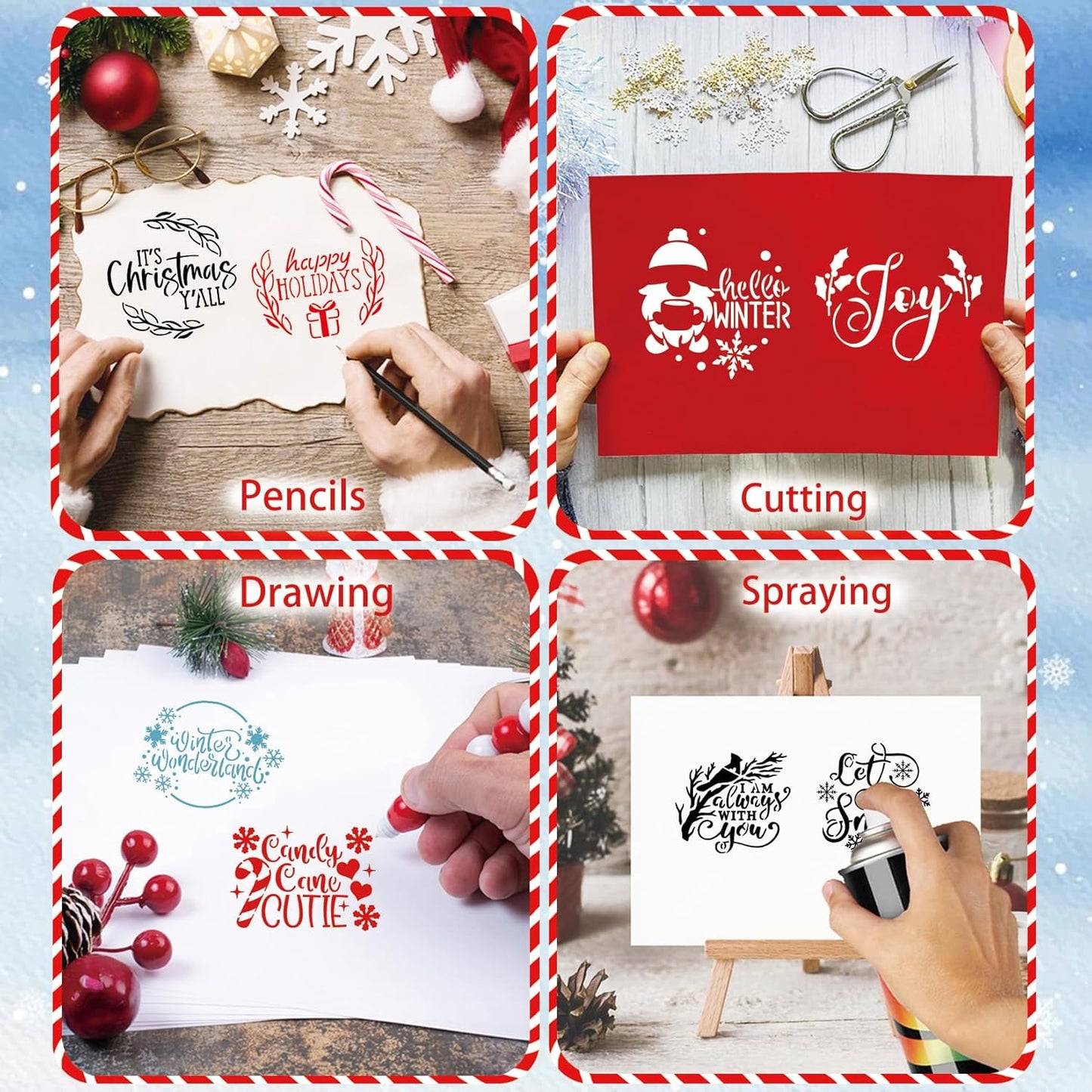 30 Pcs Christmas Stencils for Painting on Wood 4 Inch Reusable Small Christmas Ornament Stencil for DIY Crafts Ornament Wood Card Paper Fabric (30 Words)