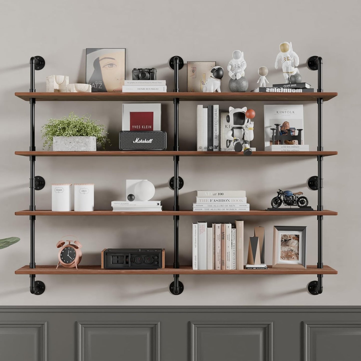 Floating Book Shelves for Wall 4 Tier 70 inch Bookshelf Industrial Pipe Shelving Shelves Bookcase Industrial Bookshelves Pipe Shelf Wood Wall Shelf for Living Room