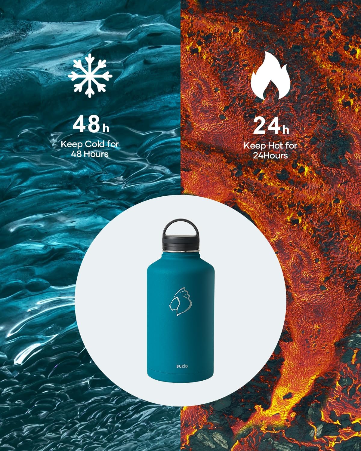 BUZIO 64 oz Water Bottle Insulated with Straw & 3 lid and Carrying Pouch, Leak Proof Half Gallon Stainless Steel Water Flask Jug, Cold for 48 Hrs Double Vacuum Thermo Canteen, BPA-Free, Dark Blue