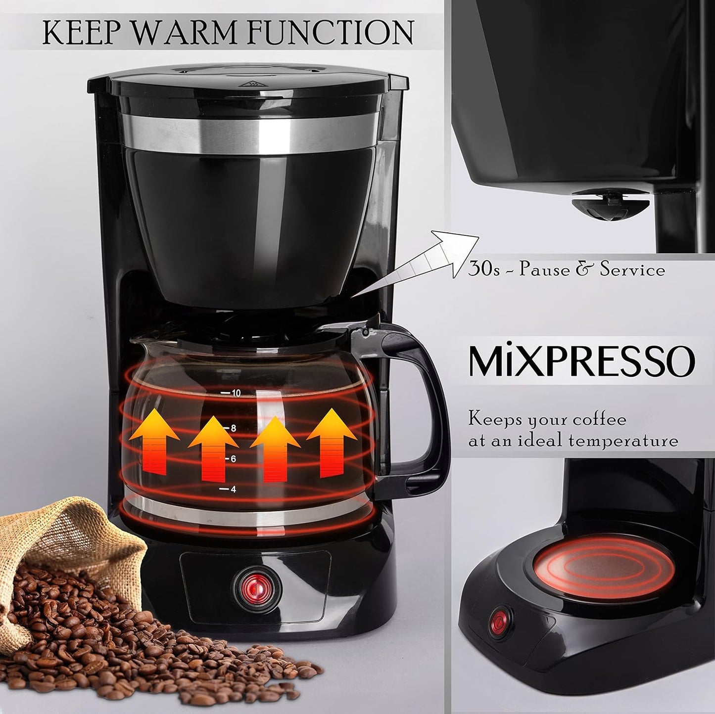 Mixpresso 10-Cup Drip Coffee Maker, Black Coffee Pot With Reusable Filter
