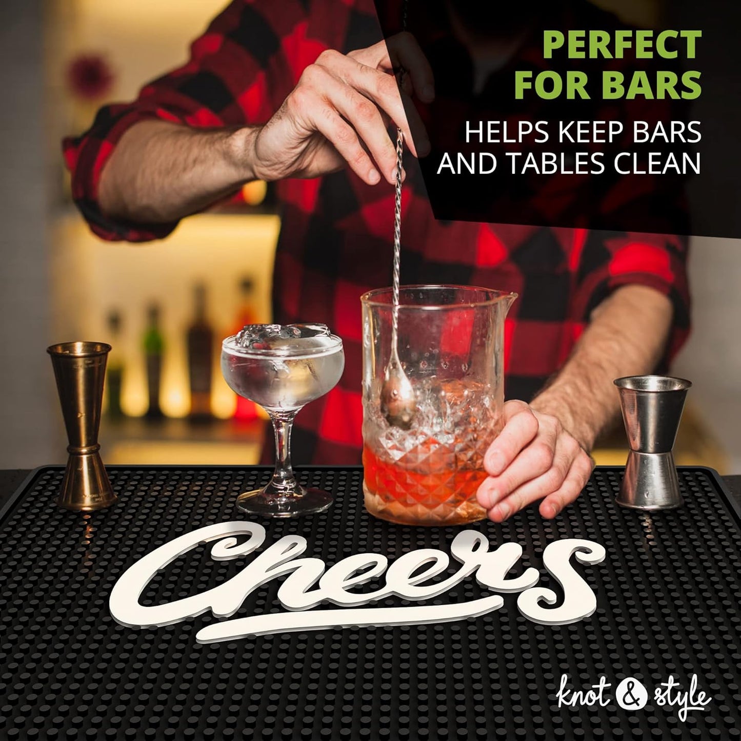 Premium Cheers Bar Mat for Home Bar - Large 18"x12" Rubber Bar Mats for Countertop - Non-Slip Bartender Mat - Drink Spill Mat for Bar Cart - Black Barmat for Cocktail Service
