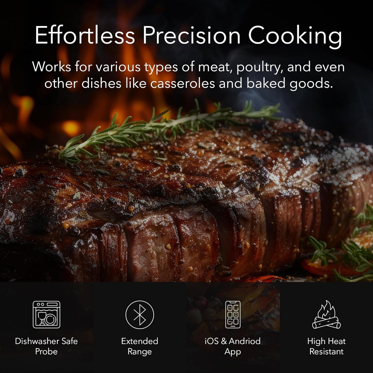 Charm Smart Wireless Meat Thermometer 1000°F Open Flame Grilling - 500 ft Range Bluetooth Meat Thermometer for BBQ, Grill, and Smoker - Dual Temperature Sensors App-Controlled Food Thermometer