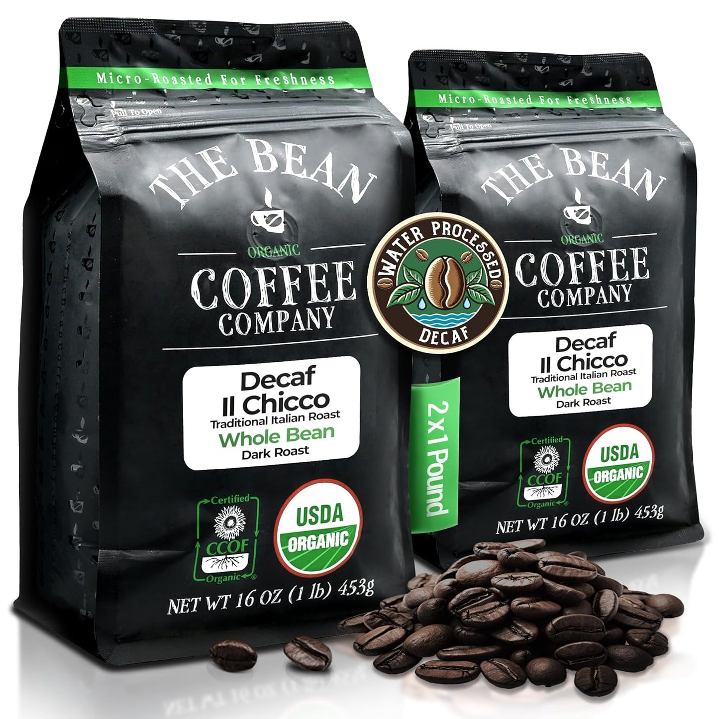 The Bean Organic Coffee Company Water Processed DECAF IL Chicco (Traditional Italian Roast), Dark Roast, Whole Bean Coffee, 16-Ounce Bags (Pack of 2)